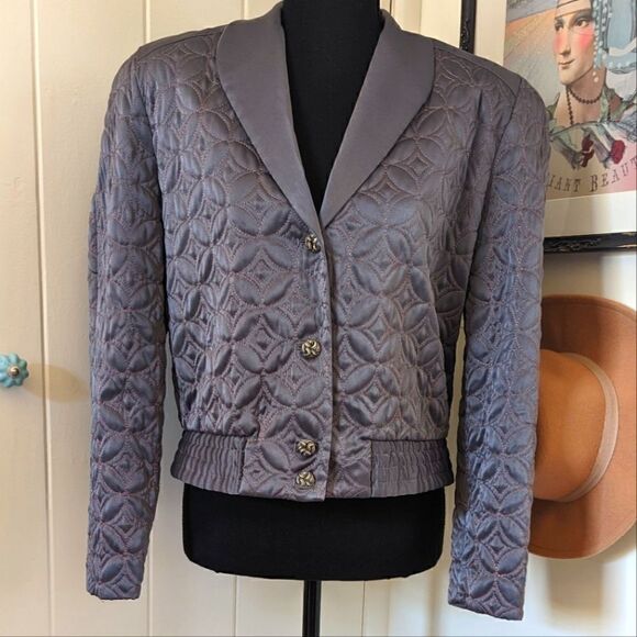 Jacques Vert 6 Gray Quilted Embroidered Geometric Bomber Jacket Vintage Boho - Picture 1 of 11